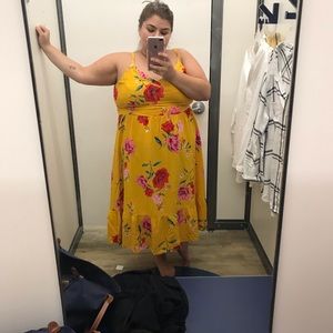 Yellow floral midi-length dress